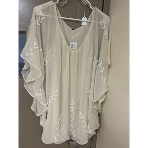 Free People Beaded Pointed Cape Drape Mini Dress Chiffon Cream Nude XS $188.